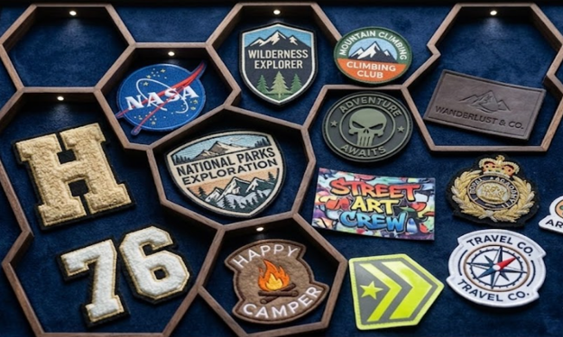 Different types of custom patches displayed in a shadow box.