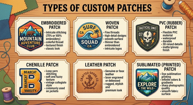 Infographics on the 6 types of custom patches in Canada.