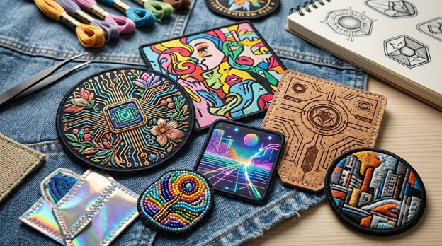 different custom patches places on a denim jacket.