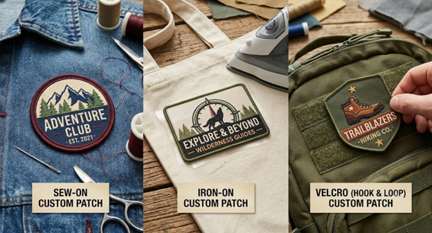 A sew-on patch attached to a denim jacket, an iron-on patch attached to a tote bag, and a Velcro patch attached to a tactical bag.