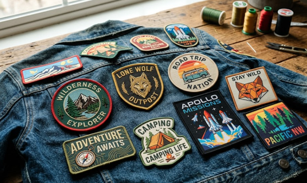 Embroidered and printed patches laid out on a denim jacket.