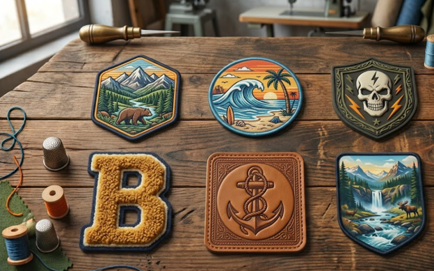 Different types of custom patches laid out on a wooden table.