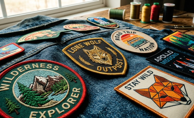Upclose shot of custom embroidered and printed patches on a denim jacket.