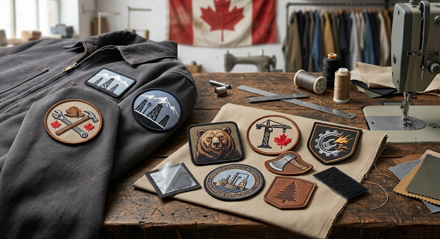 custom workwear patches attached to a jacket and displayed on a plain cloth.